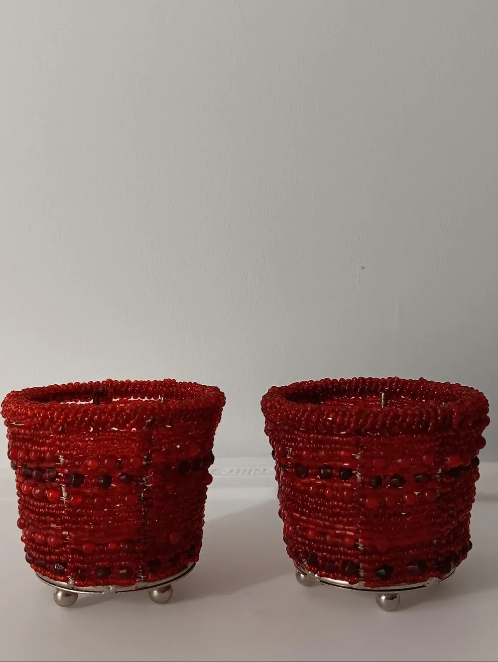 Pottery Barn Sunset Beaded Red Tealight Votive Candle Holders Set of 2 Silver 2